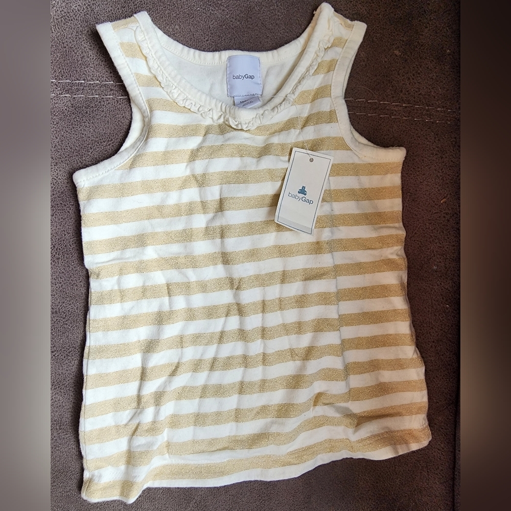New With Tags Baby GAP Girl's White Gold Stripe Ruffle Neck Tank 12-18 Months
